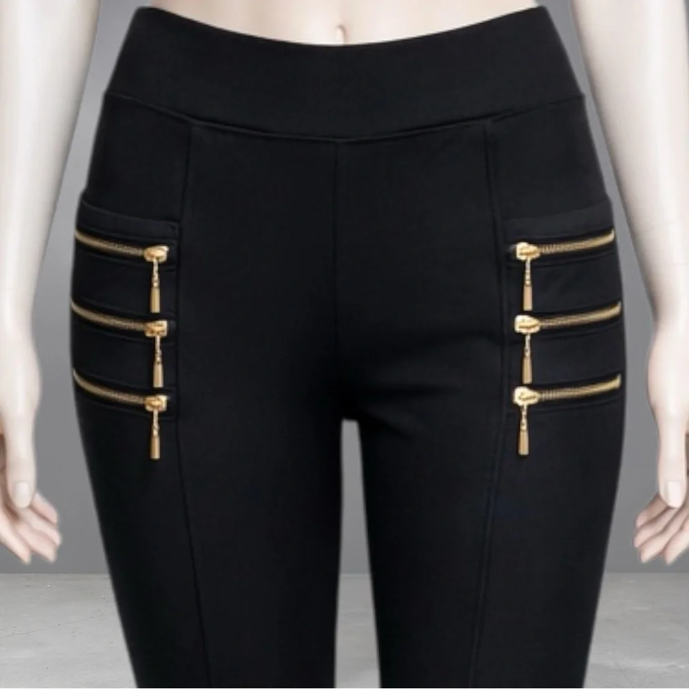 Women's Black High-Waist Slim Pants with Gold Zipper Detail